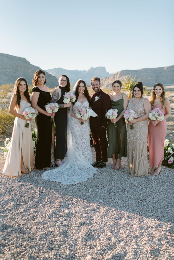 bride wearing lace wedding gown holding blush and white wedding bouquet with six brides maids in mismatch dresses