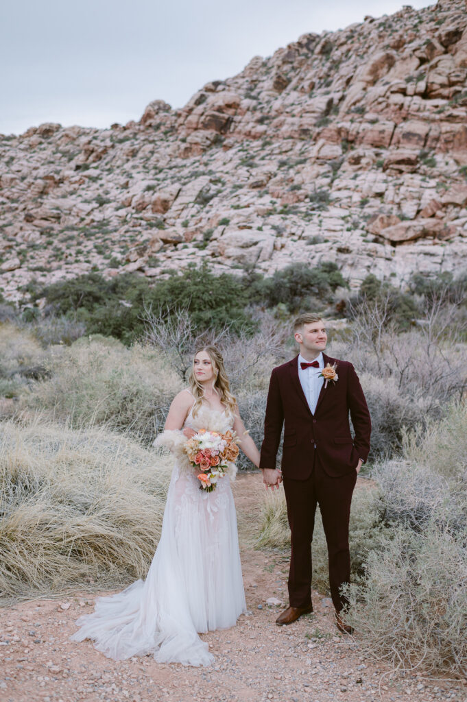 bride and groom holding hands in Red Rock Canyon Las Vegas Nv
