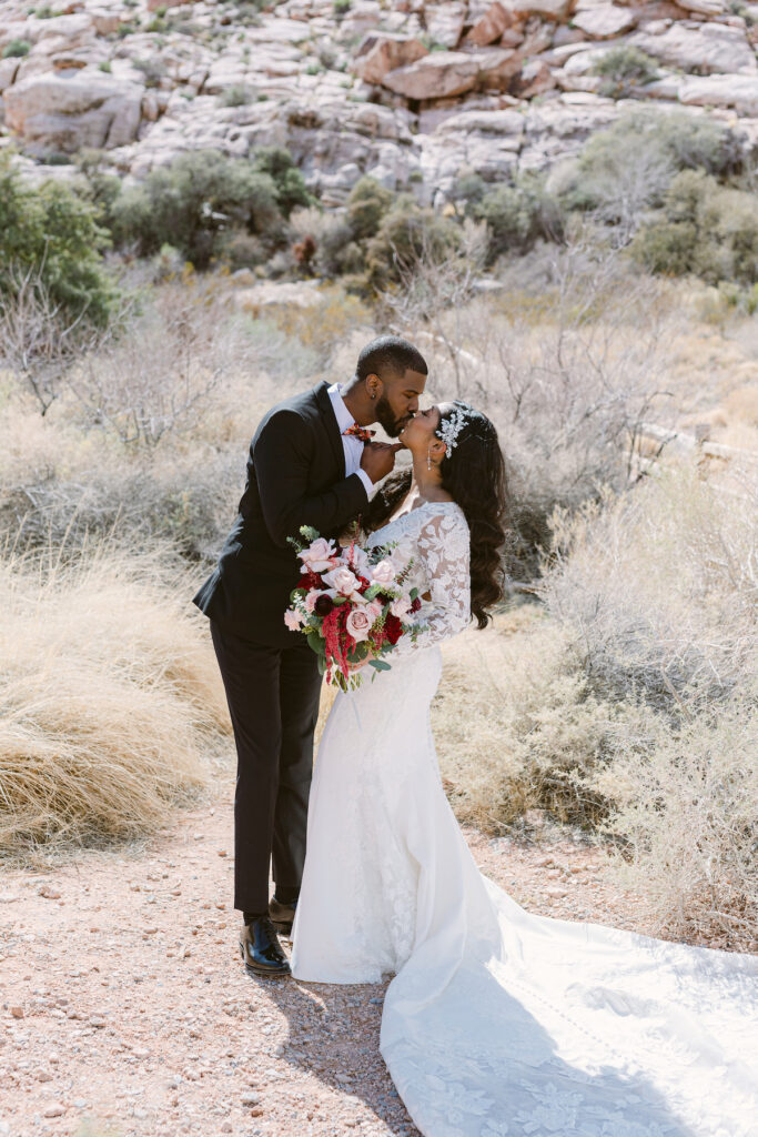 wedding elopement couple kissing at Red Rock Canyon Top Las Vegas Photographer